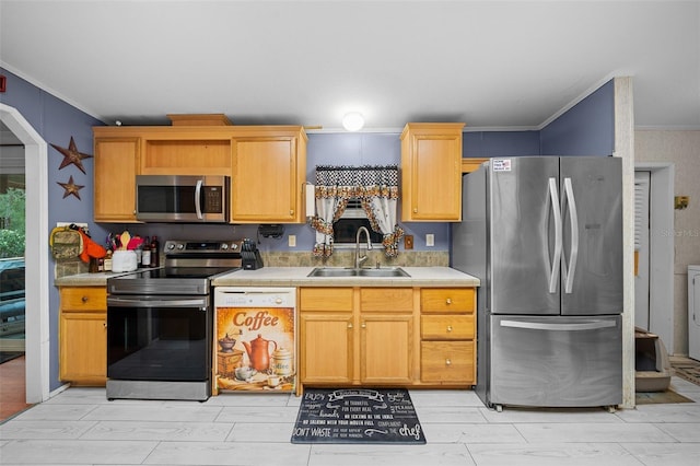 kitchen with ornamental molding, stainless steel appliances, a sink, and light countertops