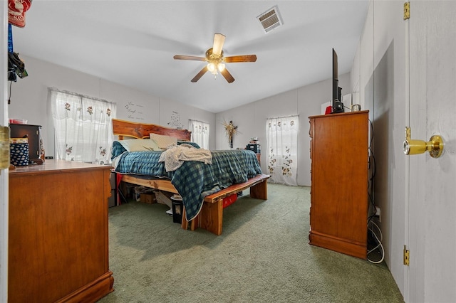 bedroom with a ceiling fan, carpet, and visible vents