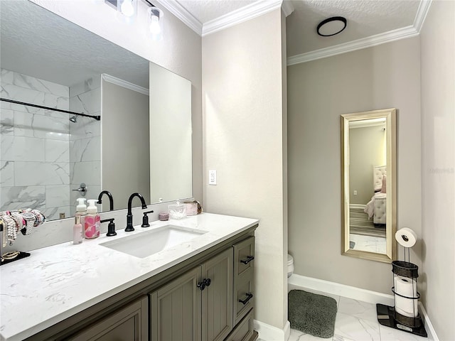 bathroom featuring a textured ceiling, vanity, baseboards, marble finish floor, and crown molding