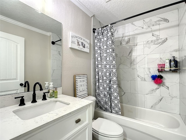 full bath featuring a textured wall, toilet, shower / bath combo with shower curtain, a textured ceiling, and vanity