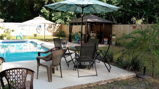 view of pool with a fenced in pool, a patio, a gazebo, area for grilling, and a fenced backyard