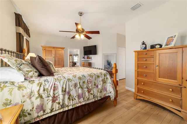 bedroom with light wood-style floors, visible vents, and ceiling fan