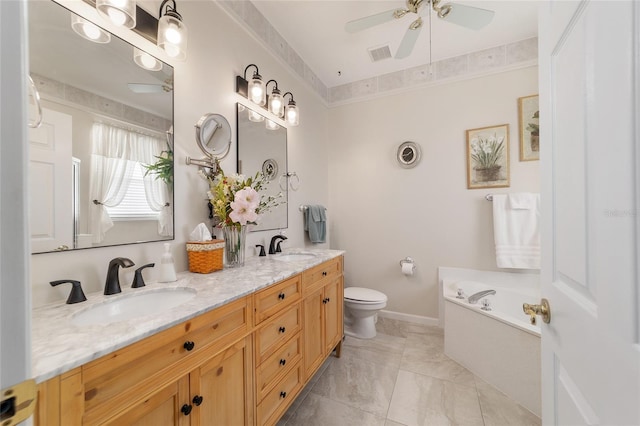 full bathroom featuring visible vents, a sink, a garden tub, and double vanity