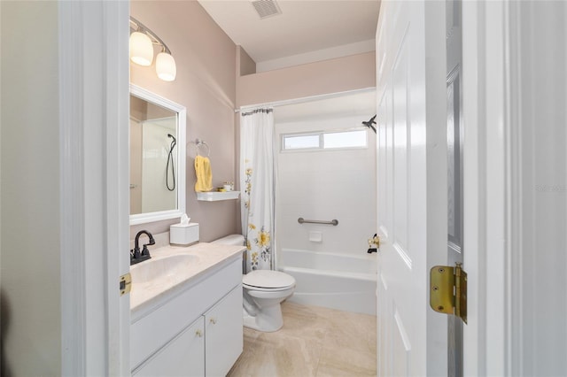 full bath featuring shower / tub combo, visible vents, toilet, tile patterned flooring, and vanity