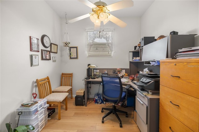 office space featuring ceiling fan and light wood-type flooring