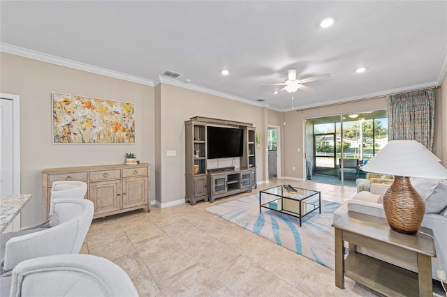 living room featuring baseboards, visible vents, ceiling fan, ornamental molding, and recessed lighting