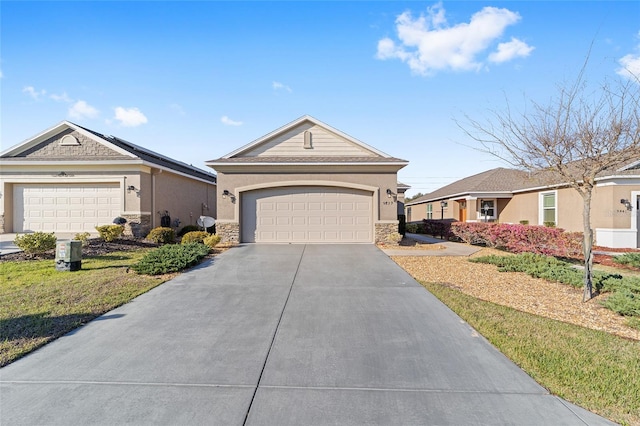 ranch-style home featuring a garage, stone siding, a front lawn, and concrete driveway