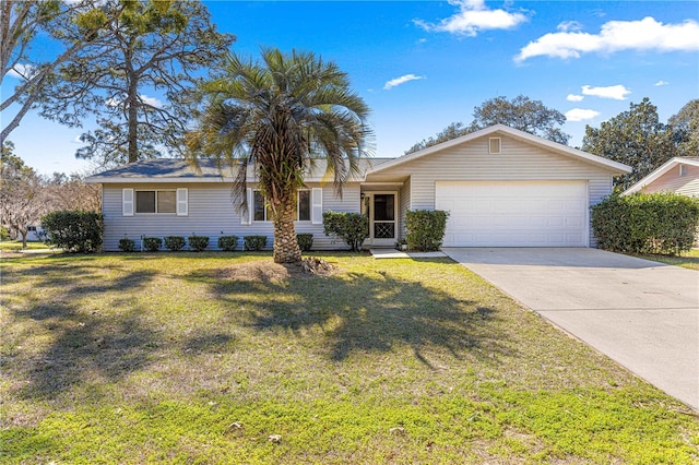 single story home with a garage, concrete driveway, and a front yard