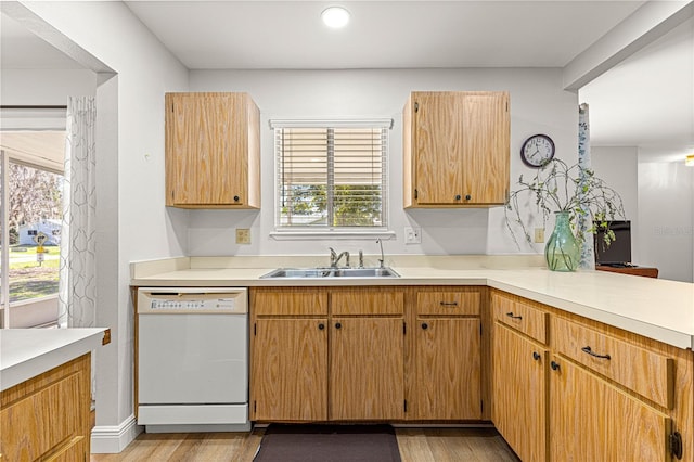 kitchen featuring light countertops, white dishwasher, light wood-style flooring, and a sink