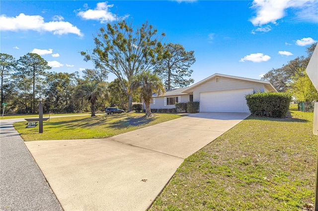 single story home with driveway, a front lawn, and an attached garage