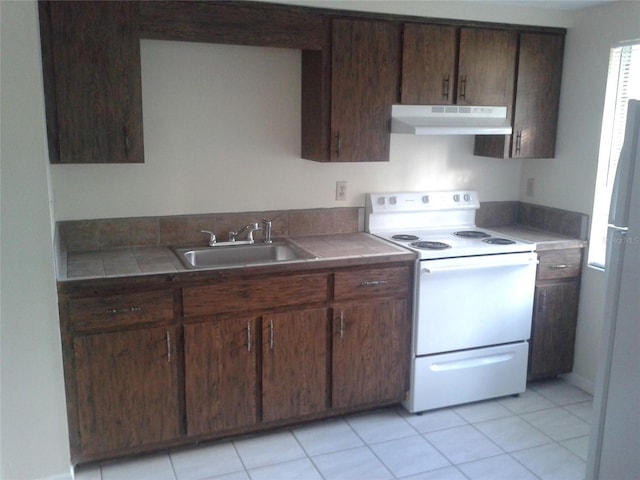 kitchen featuring light tile patterned floors, white electric range, a sink, dark brown cabinets, and under cabinet range hood