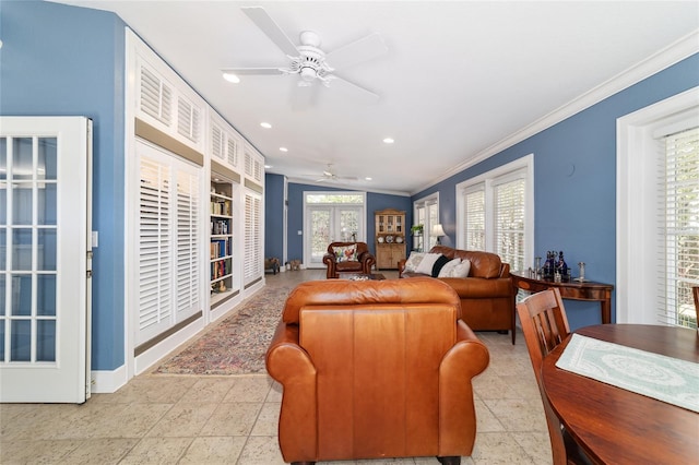 living room with ornamental molding, recessed lighting, and ceiling fan