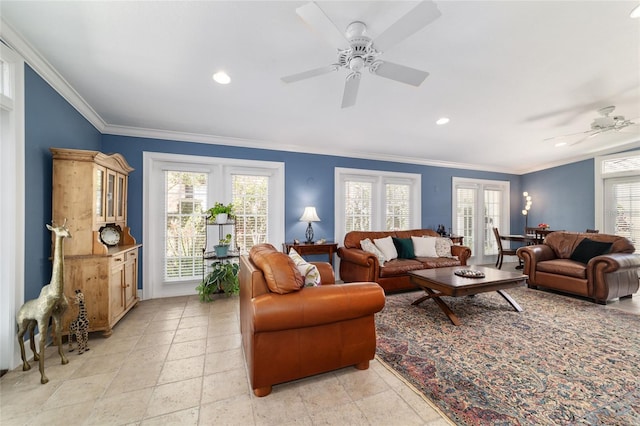 living room with ceiling fan, recessed lighting, and crown molding