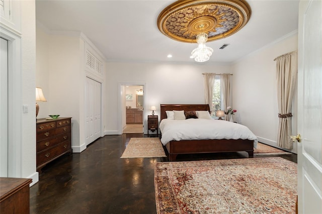 bedroom featuring baseboards, concrete floors, visible vents, and crown molding