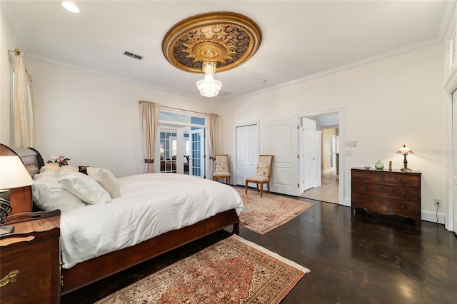 bedroom with finished concrete flooring, visible vents, crown molding, and french doors