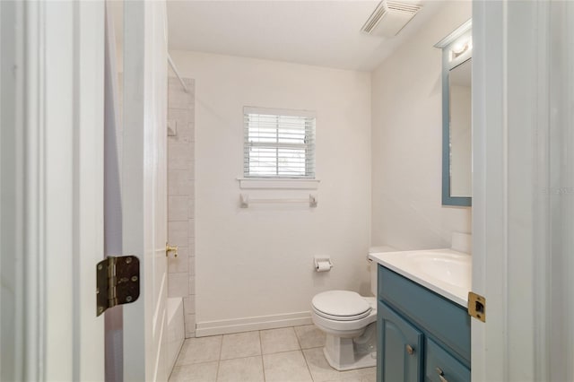 full bathroom featuring visible vents, baseboards, toilet, tile patterned flooring, and vanity