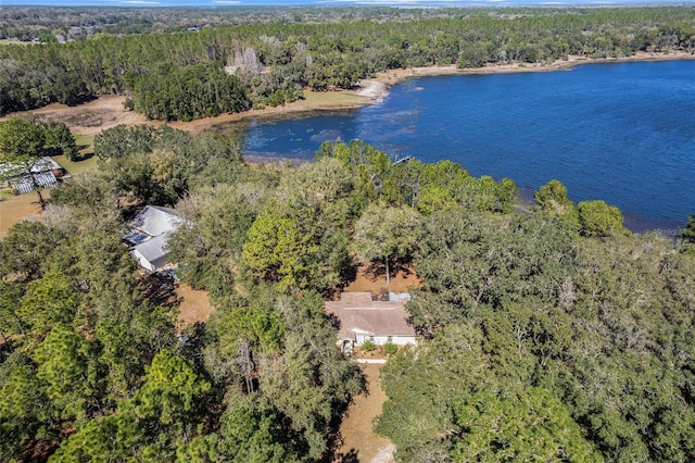 drone / aerial view featuring a water view and a wooded view