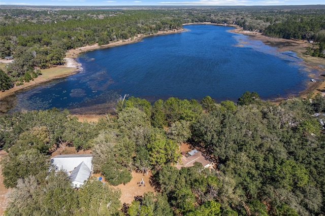 drone / aerial view with a water view and a wooded view