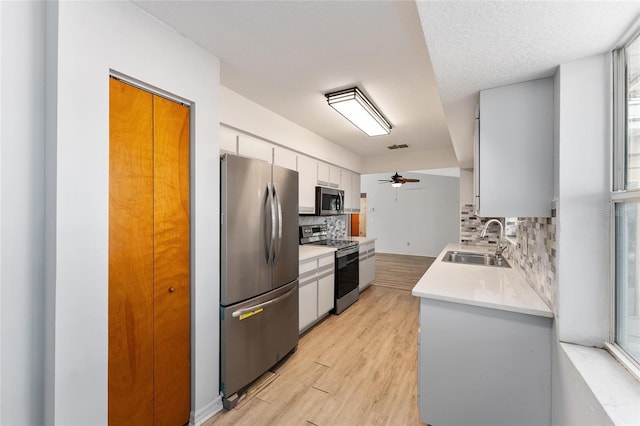 kitchen with stainless steel appliances, light countertops, a sink, and white cabinetry