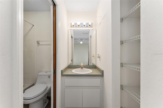 bathroom featuring toilet, a closet, and vanity