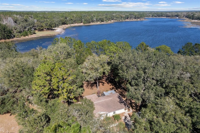 aerial view featuring a water view and a forest view