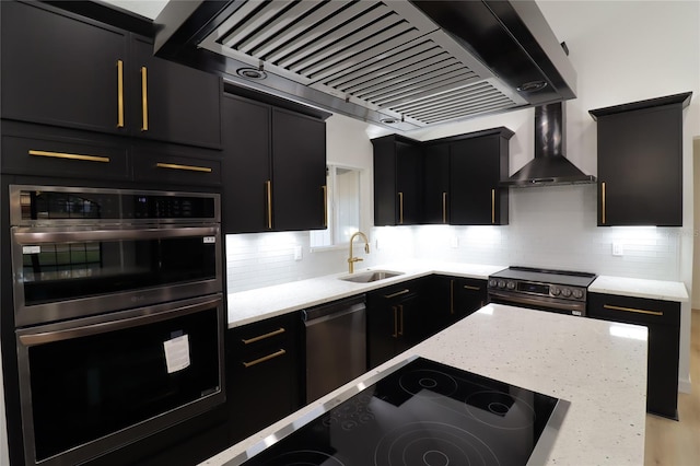 kitchen featuring dark cabinets, stainless steel appliances, exhaust hood, a sink, and decorative backsplash