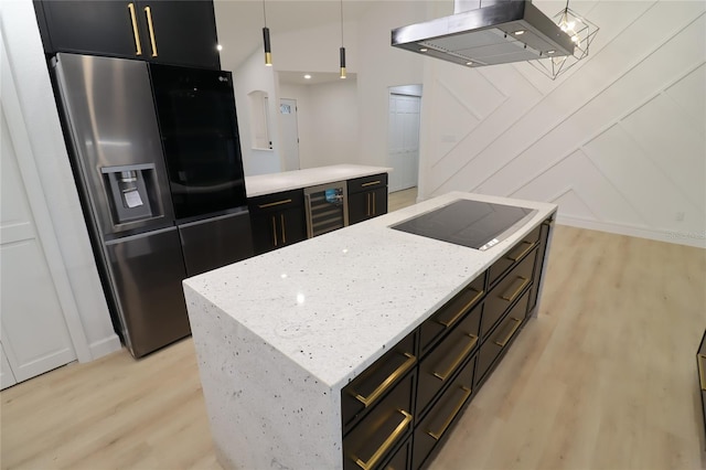 kitchen with wine cooler, island range hood, stainless steel fridge with ice dispenser, a center island, and pendant lighting