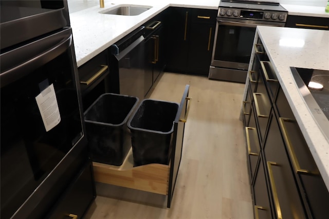 kitchen featuring a sink, light wood finished floors, electric stove, and dishwasher