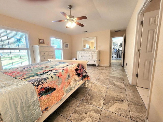 bedroom with a ceiling fan, visible vents, and baseboards