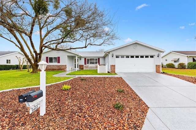 single story home featuring a garage, driveway, a porch, and brick siding