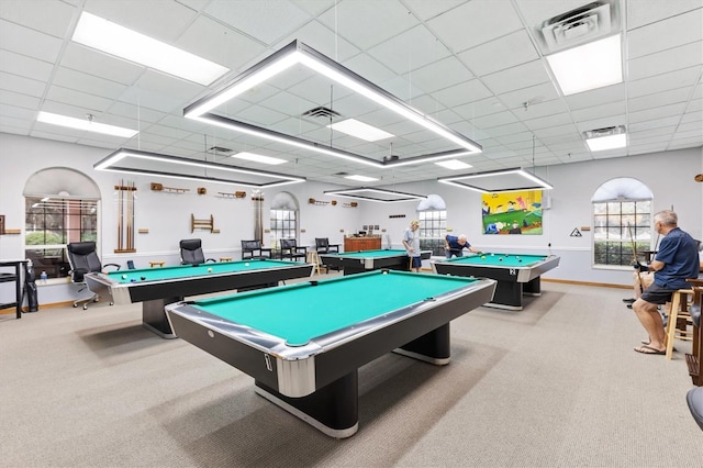 recreation room featuring light colored carpet, pool table, visible vents, and a paneled ceiling