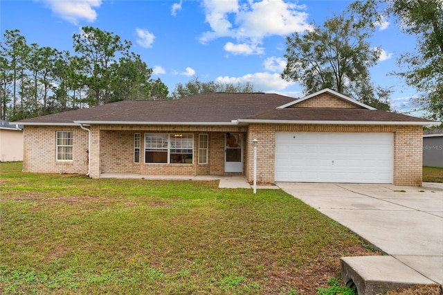 ranch-style house featuring a garage, a front yard, concrete driveway, and brick siding