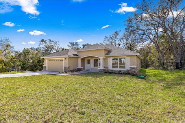 single story home featuring an attached garage, stone siding, concrete driveway, stucco siding, and a front yard