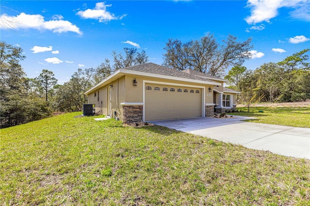 view of property exterior featuring cooling unit, a yard, concrete driveway, stone siding, and stucco siding