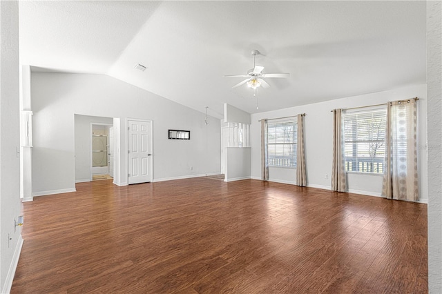 unfurnished living room featuring visible vents, a ceiling fan, vaulted ceiling, baseboards, and dark wood-style floors