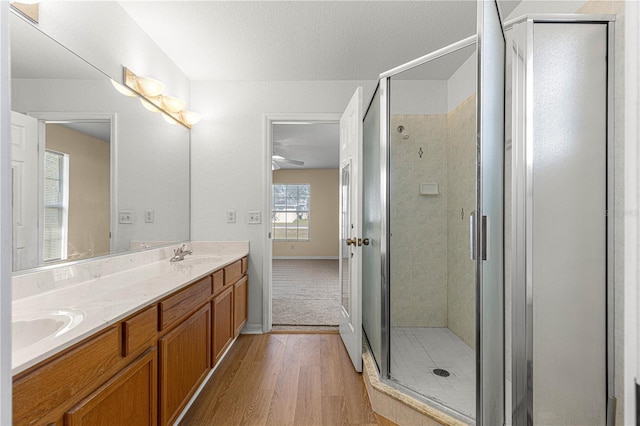 bathroom with a stall shower, a sink, and double vanity