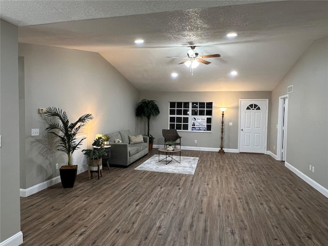 living room featuring lofted ceiling, dark wood-type flooring, and a textured ceiling