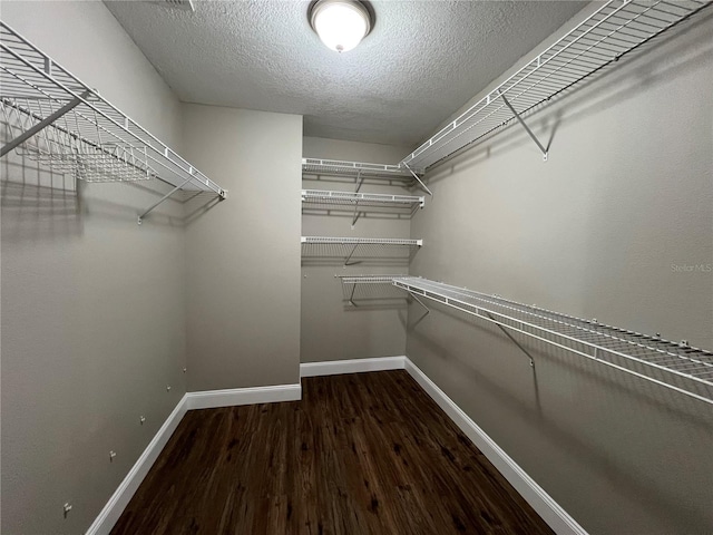 walk in closet with dark wood-type flooring