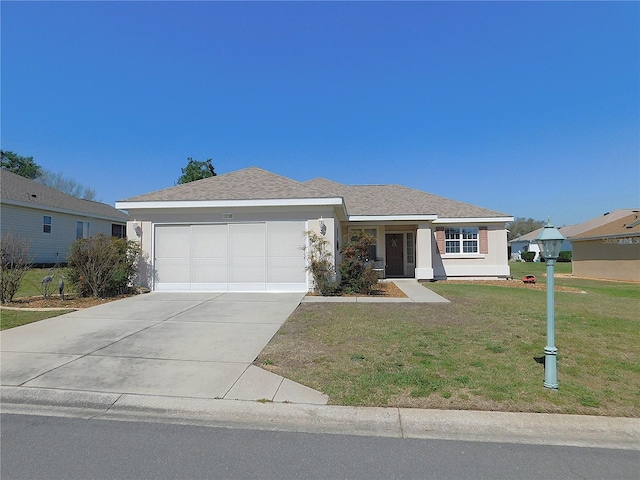 ranch-style house featuring roof with shingles, stucco siding, concrete driveway, a garage, and a front lawn