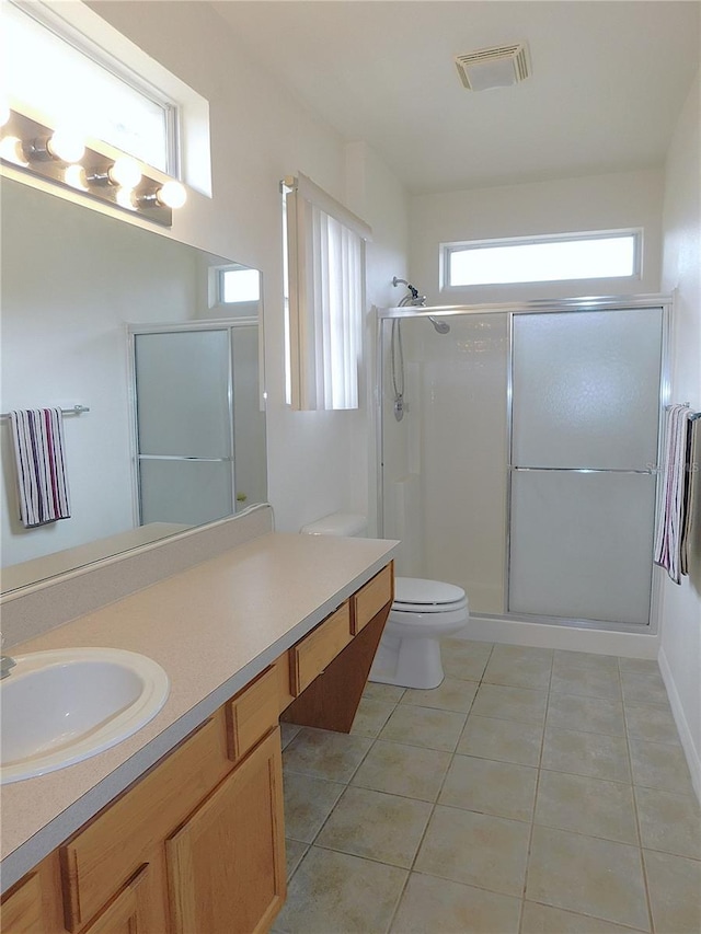 bathroom featuring a stall shower, visible vents, toilet, tile patterned floors, and vanity