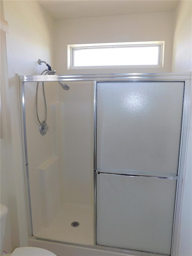 full bathroom featuring a shower stall and toilet