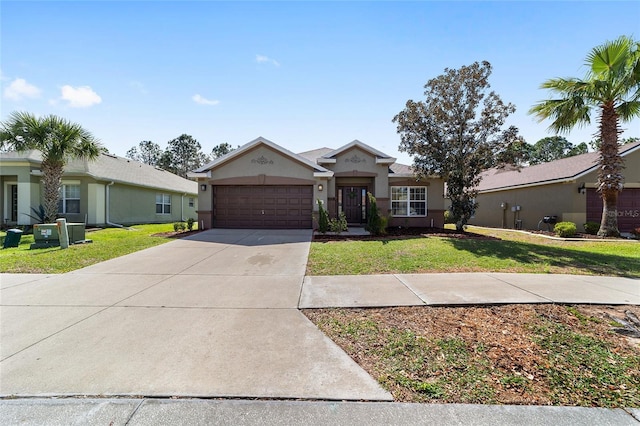 ranch-style home with a garage, a front yard, driveway, and stucco siding