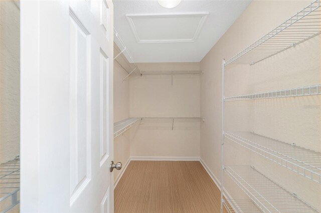 spacious closet with attic access and wood finished floors