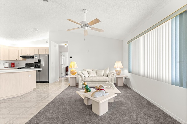 living area with lofted ceiling, ceiling fan, a textured ceiling, and baseboards