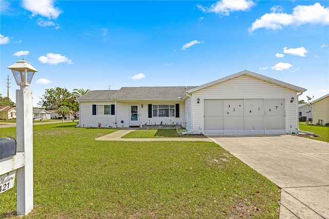 ranch-style home featuring concrete driveway, a front lawn, and an attached garage