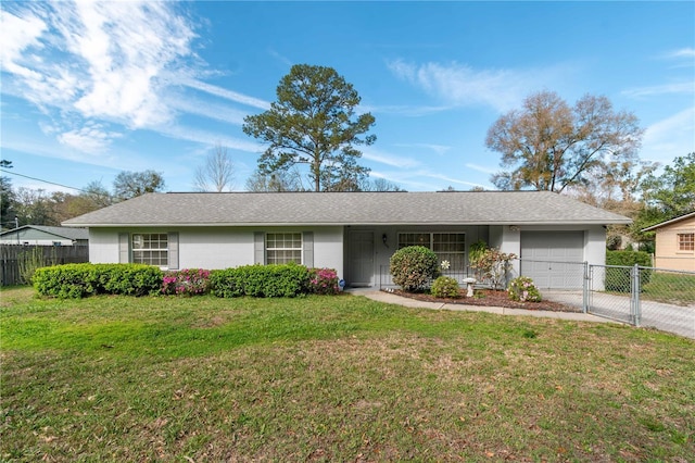 ranch-style house with driveway, a garage, fence, a front lawn, and stucco siding