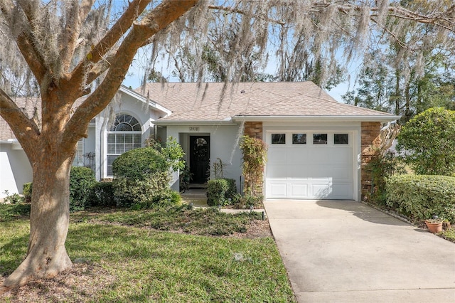 single story home featuring an attached garage, stucco siding, driveway, and roof with shingles