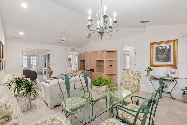 dining area featuring lofted ceiling, visible vents, ceiling fan, and recessed lighting