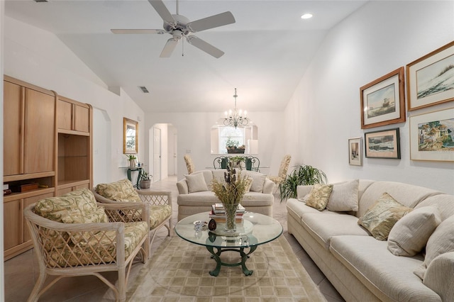 living area with arched walkways, recessed lighting, ceiling fan with notable chandelier, visible vents, and vaulted ceiling