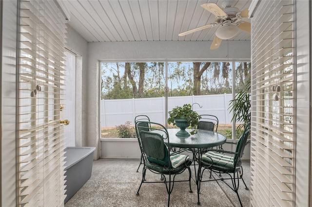 sunroom with wooden ceiling and ceiling fan